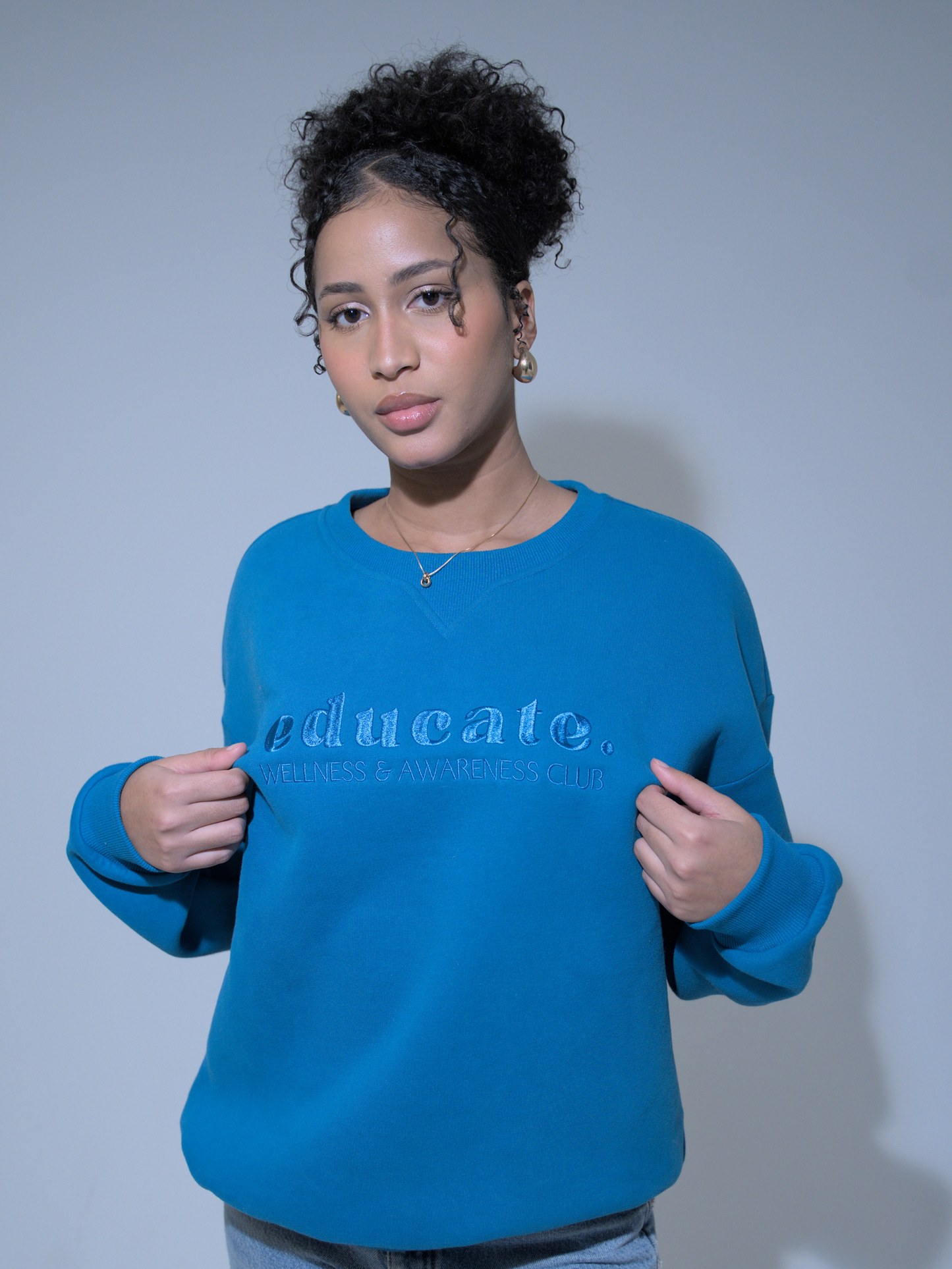 Blue Embroidered EDUCATE Crewneck