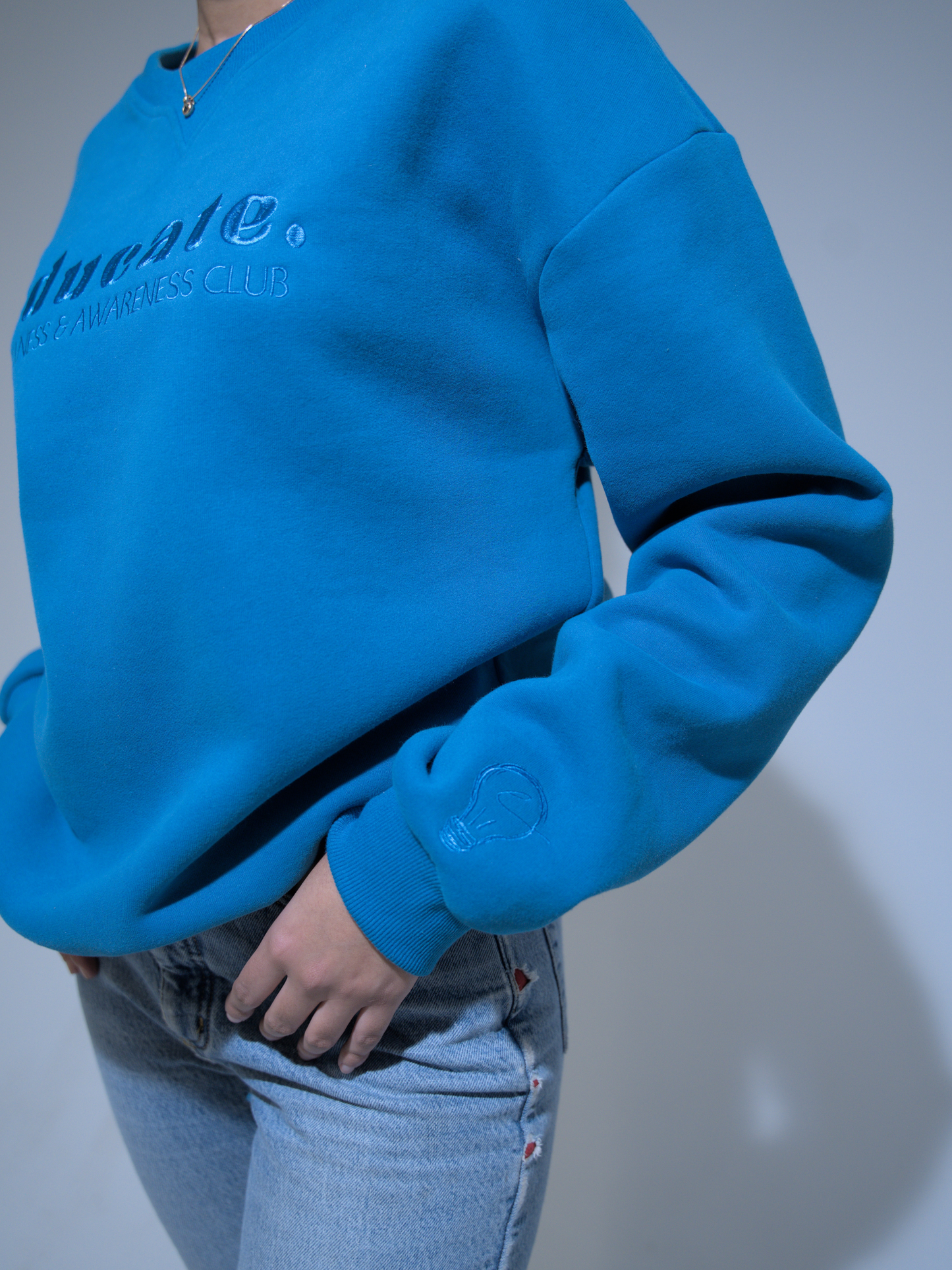 Blue Embroidered EDUCATE Crewneck