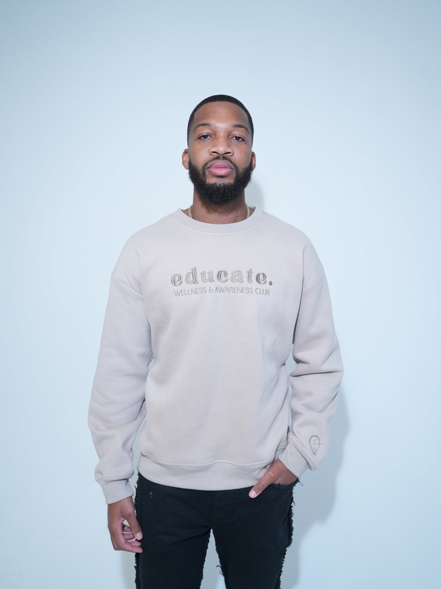 Beige Embroidered EDUCATE Crewneck