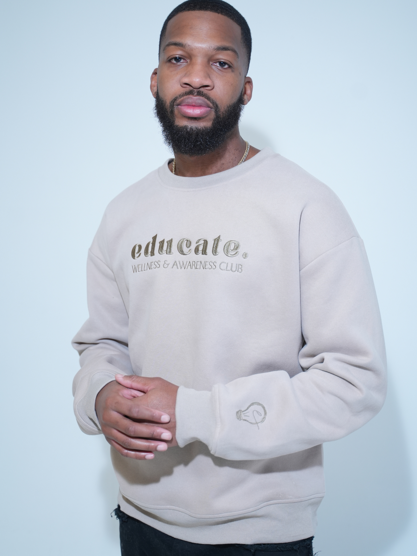 Beige Embroidered EDUCATE Crewneck