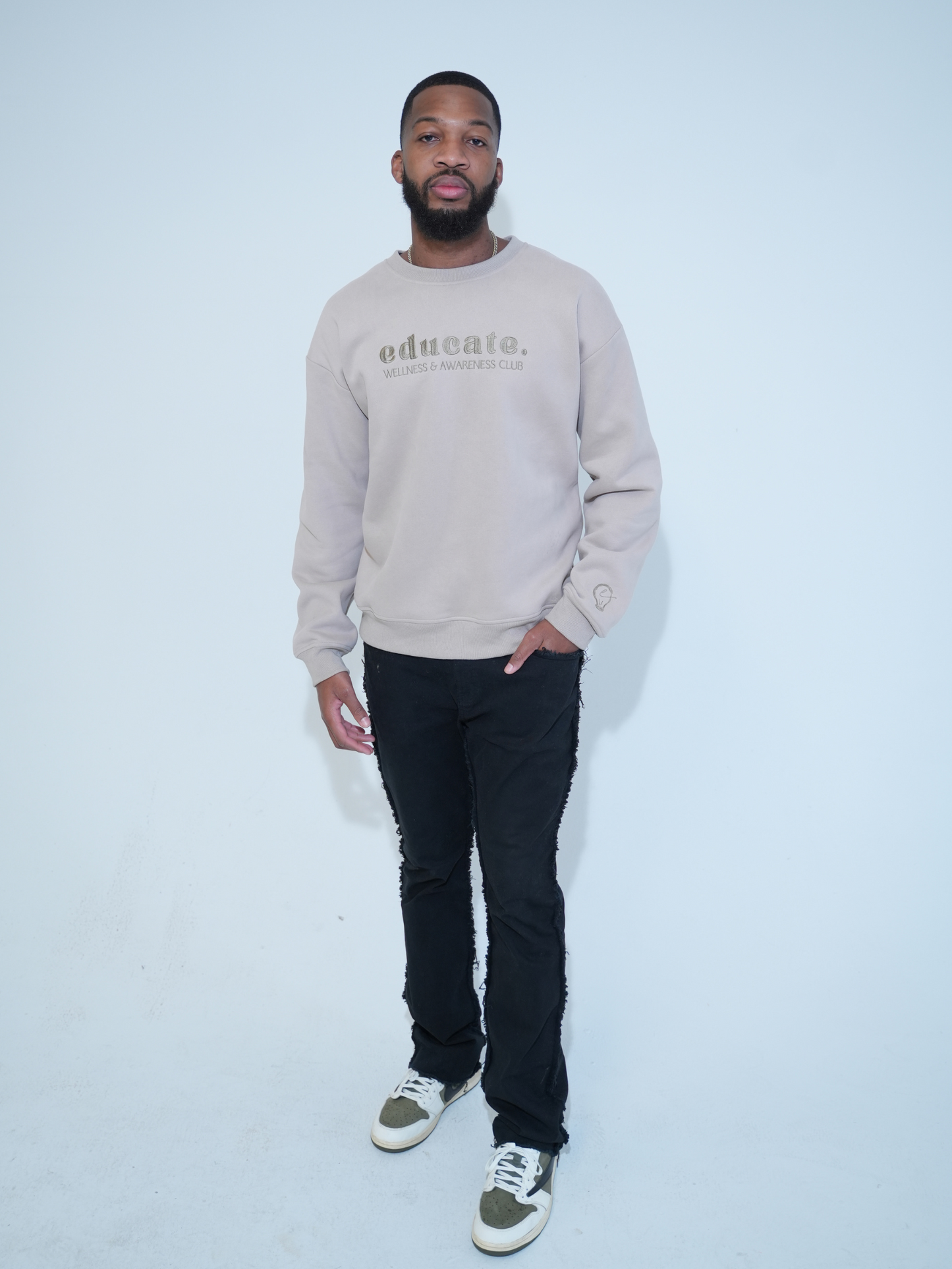 Beige Embroidered EDUCATE Crewneck